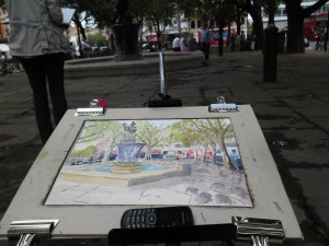 My watercolour of Sloane Square, London on the easel.