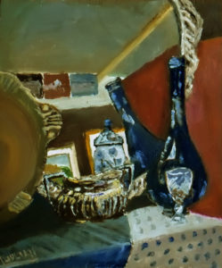 oil painting still life with blue bottle