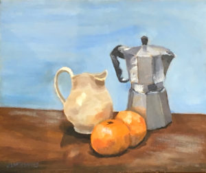 Coffee Pot, antique jug and oranges on a shelf