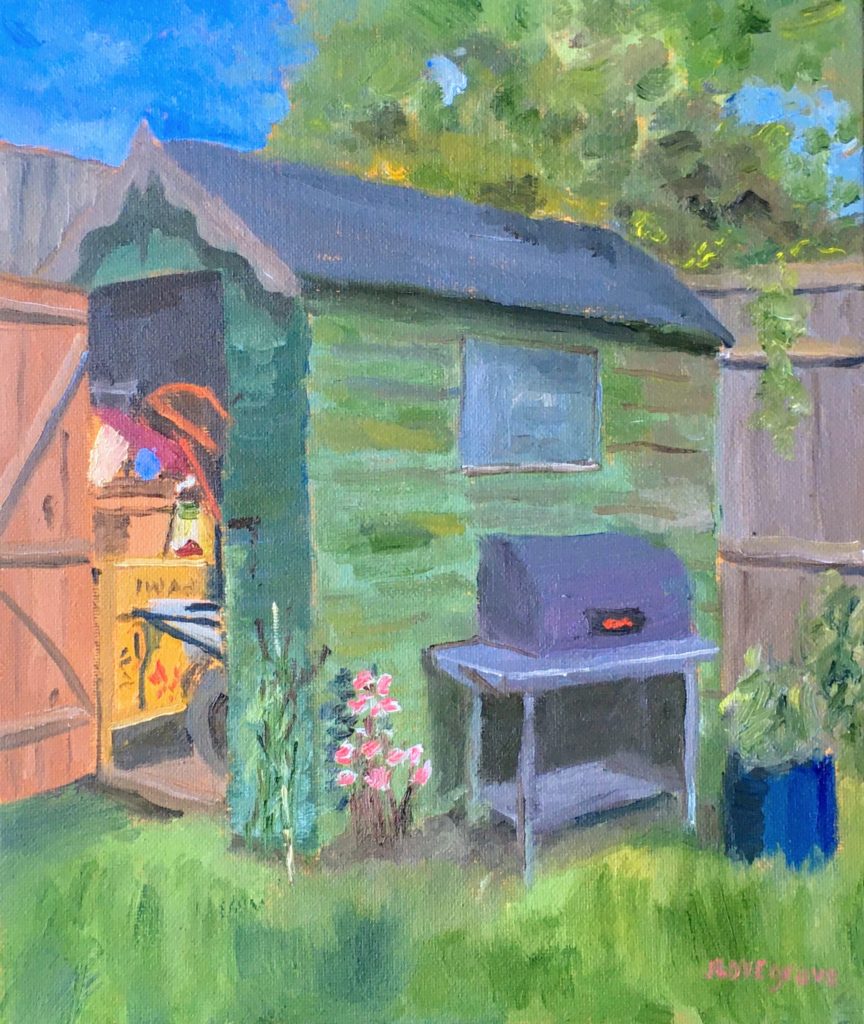 Garden shed oil painting