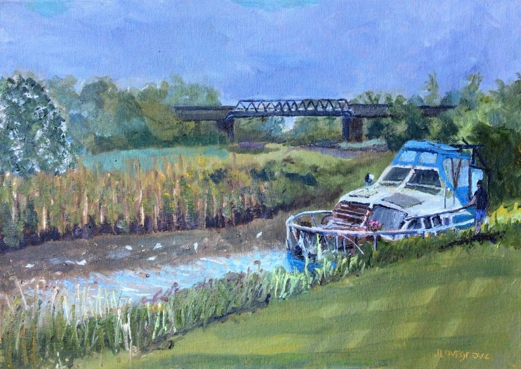 Houseboat and bridge on the Stour, painting