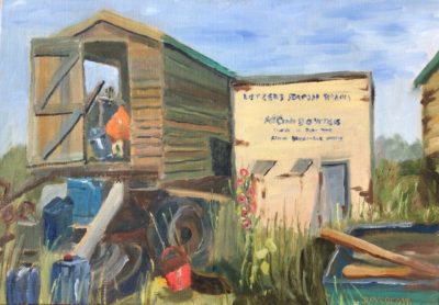Oil painting of old sheds at Brancaster Cornwall