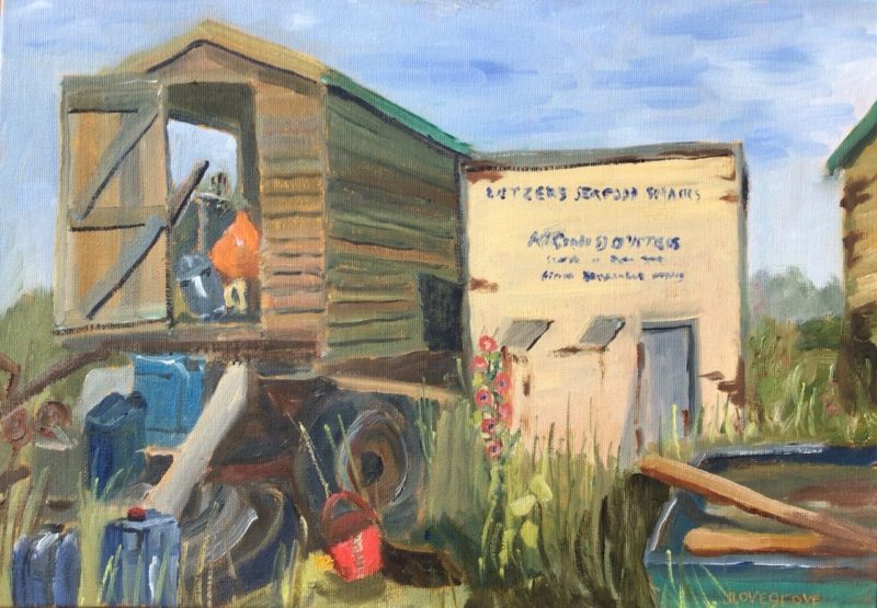 Oil painting of old sheds at Brancaster Cornwall
