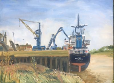 Oil painting of ship unloading at Kings Lynn port.