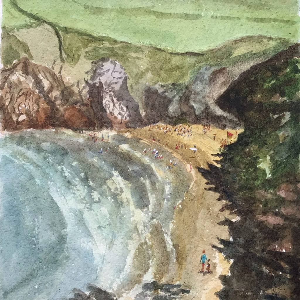 Trevone Bay from the cliffs, painting