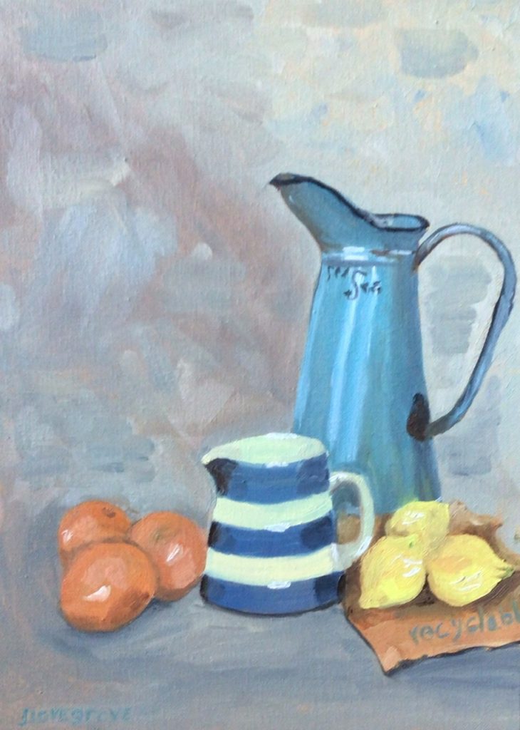 Two jugs and fruits oil painting