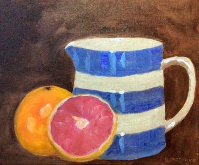 Grapefruit and a jug, painting