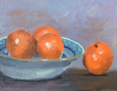 Oranges in a blue bowl, painting