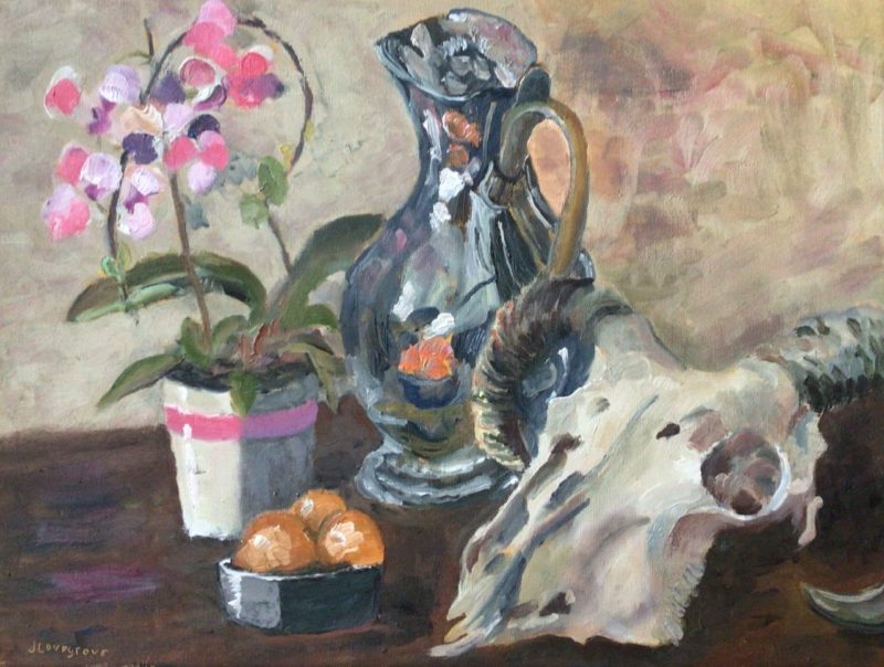 Orchids, coffee pot and Rams head
