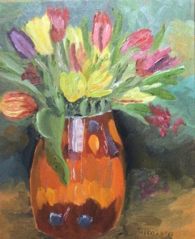 Tulips in a Poole vase, painting