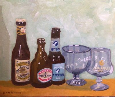 Belgian beers and glasses, painting