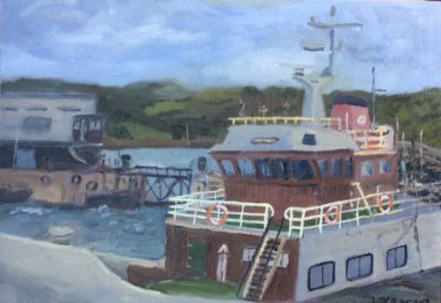Ship in Penzance harbour, painting