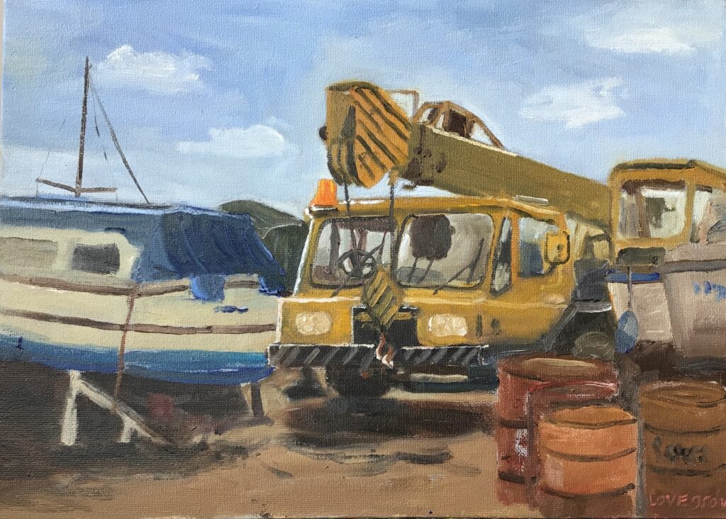 Boatyard crane, Oil painting