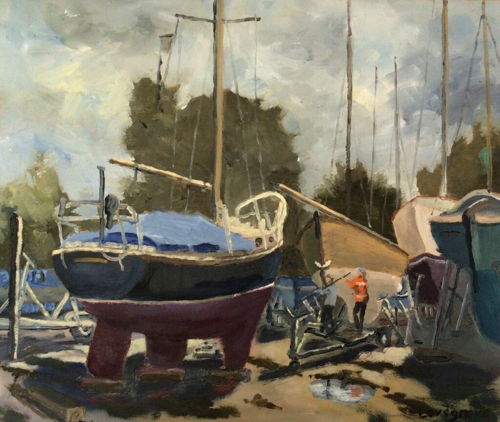 Boat repairs, original oil painting
