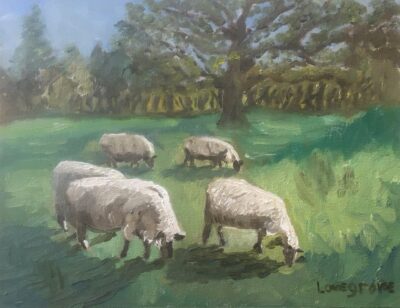 Sheep in an orchard, painting