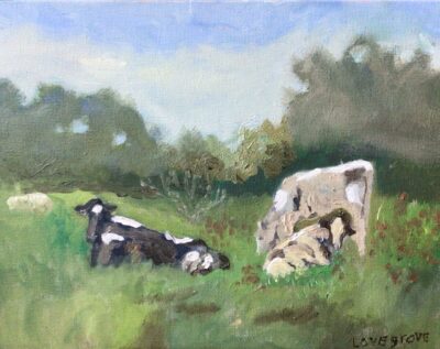 Cows in a pasture, painting