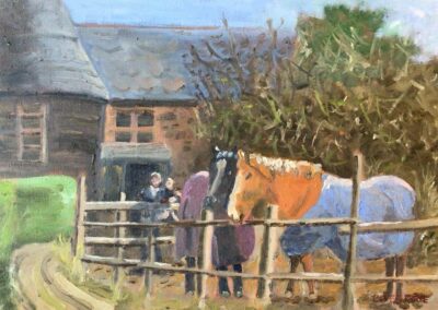 Horses and oast house, painting