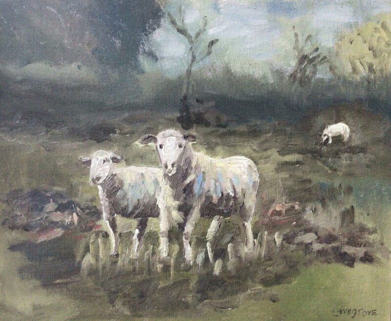 Grazing sheep, oil painting