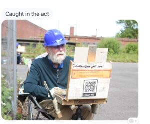 A dangerous job, photo of the artist wearing a hard hat!