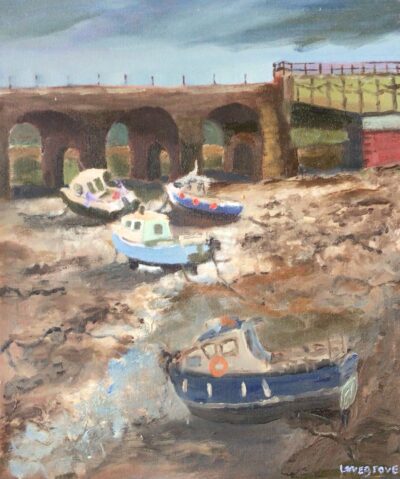 Sitting on the mud, Folkestone, oil painting