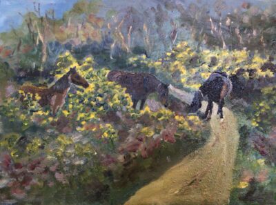 Forest ponies in the gorse, painting