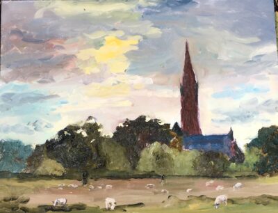 Water meadows, Salisbury. Oil painting